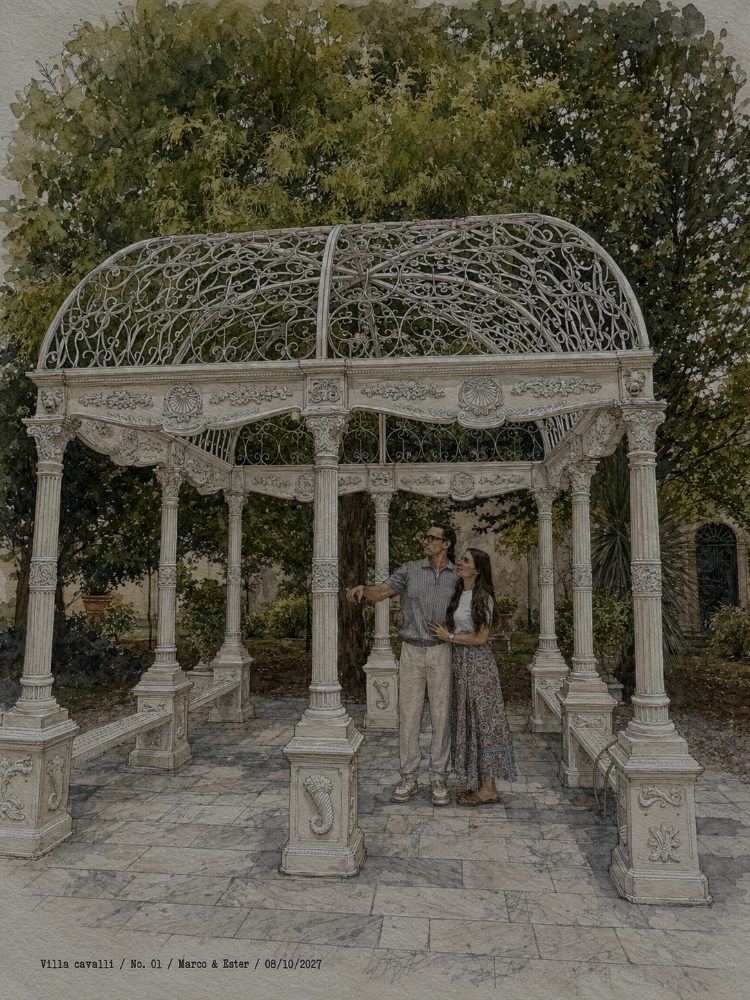 Marco ed Ester sotto un gazebo in ferro battuto, Villa Cavalli